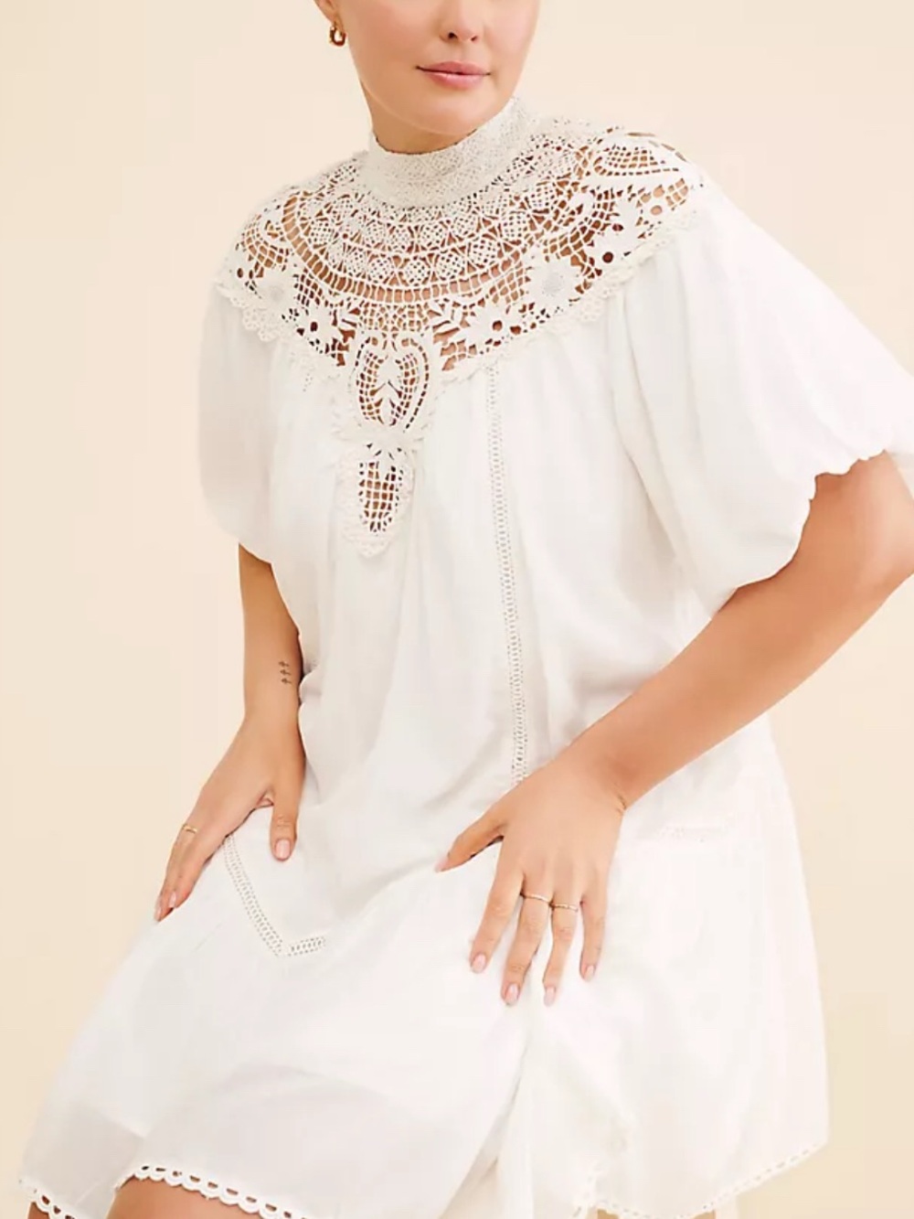 Anthropologie high Neck Crochet White Cotton Dress size S